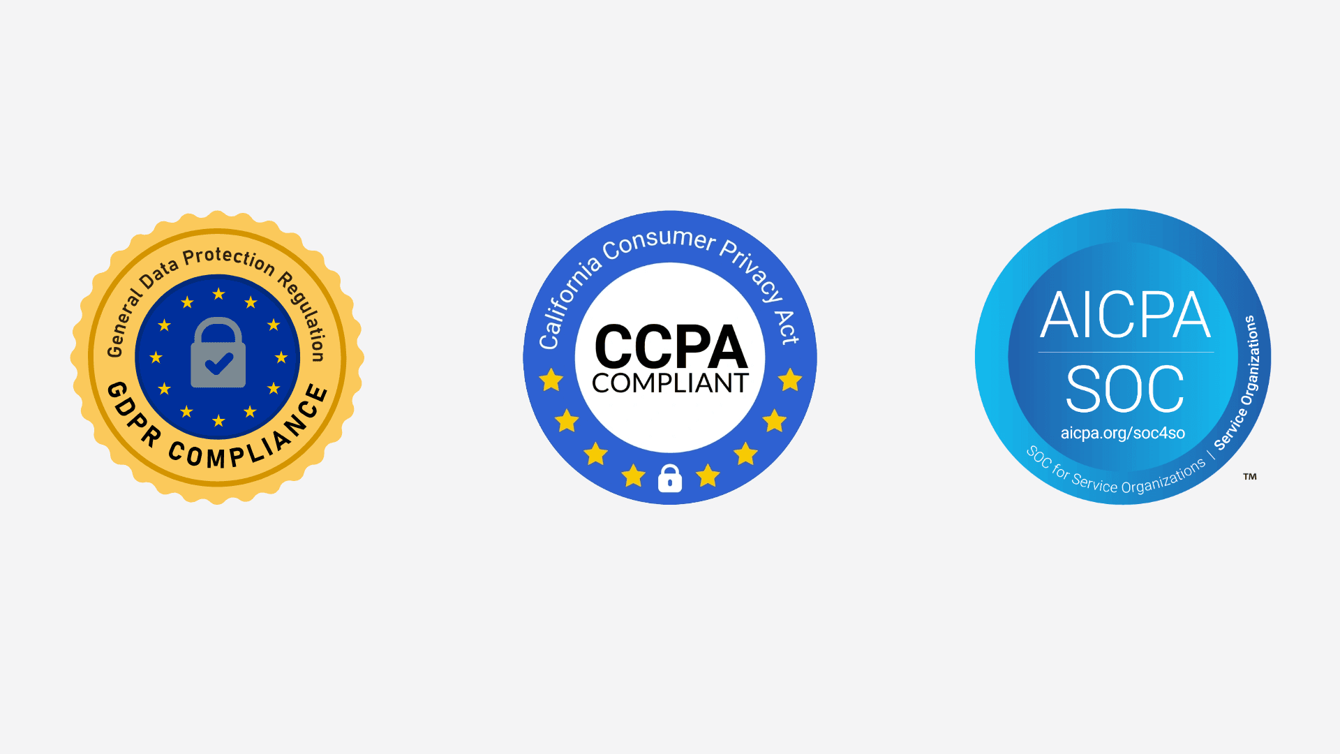Three compliance certification badges: GDPR Compliance, CCPA Compliant, and AICPA SOC for Service Organizations